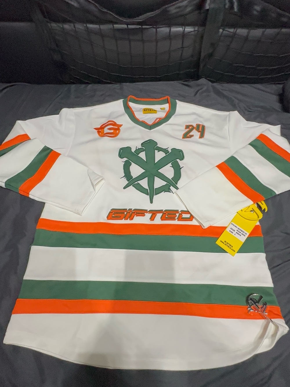 Gifted LA White Hockey Jersey with Green & Orange Stripes - Retro Crest